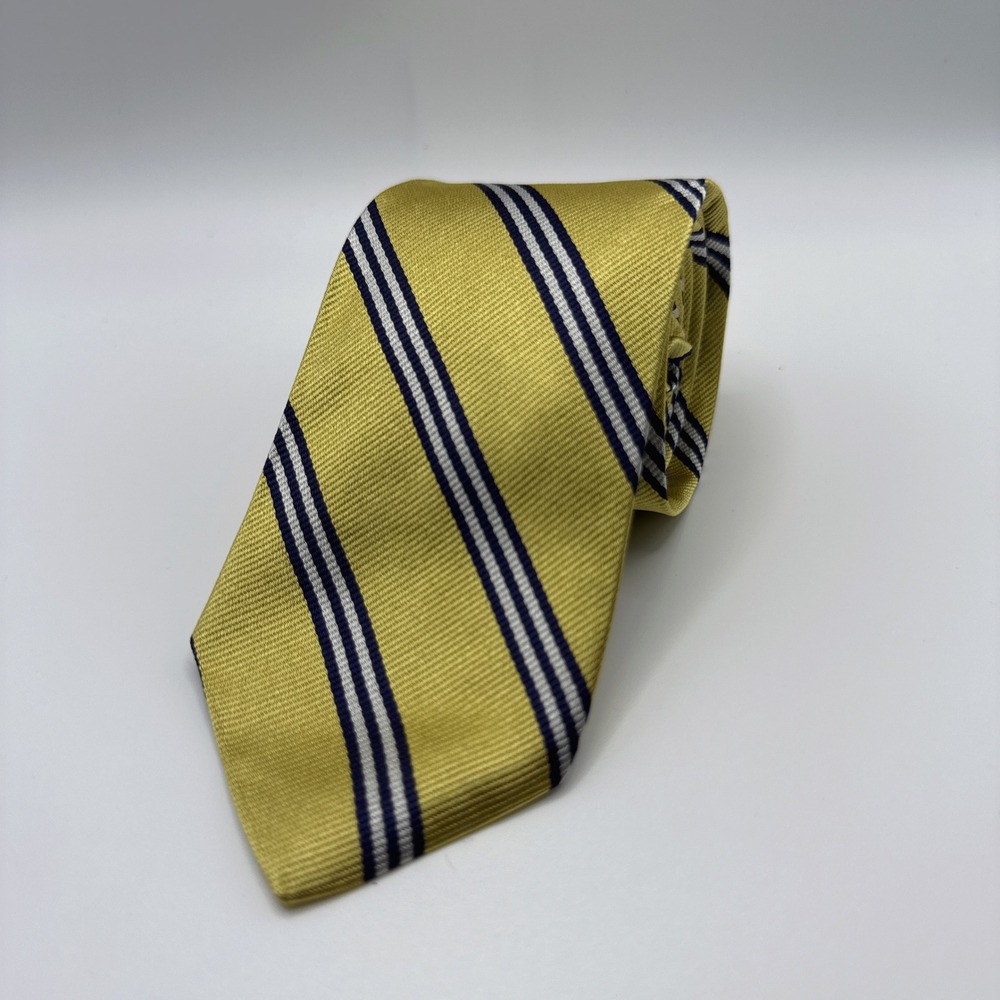 Brooks Brothers Fleece Men's Silk Tie Striped Yellow Navy Thin Office‎ Academia